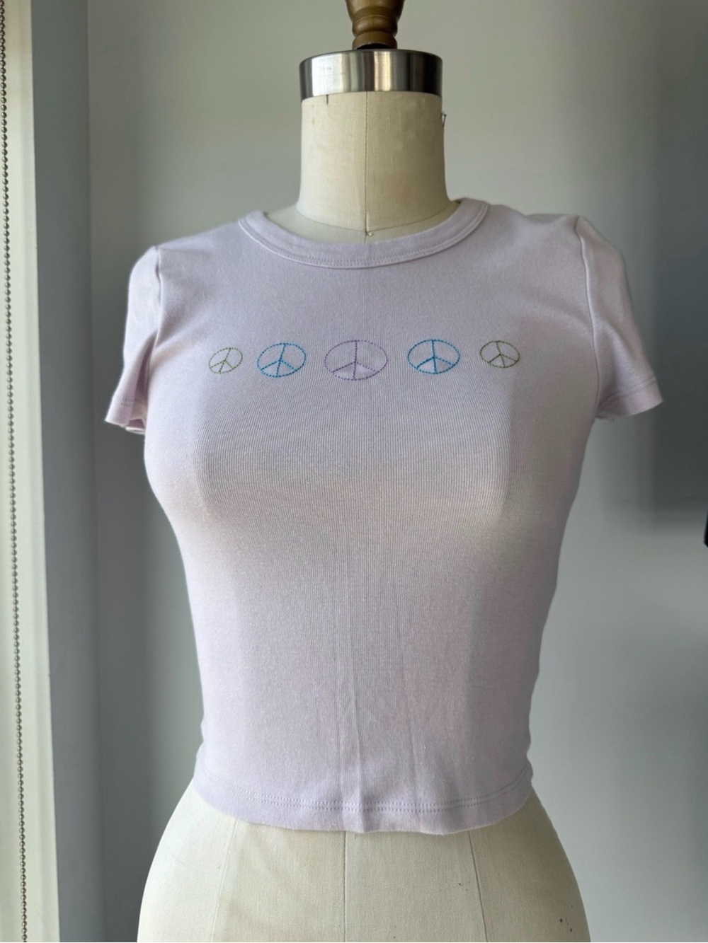 American Eagle Outfitters  Crop Tee with Multicolor Peace Embroidery